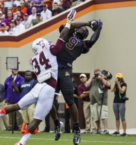 Rising above: Cam Worthy dominated the air against the Hokies.