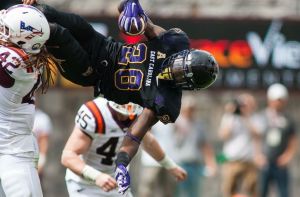 The Playmaker: Hawkins is the face of the Pirates' secondary, making plays like this acrobatic pick vs Virginia Tech.
